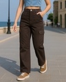 Shop Women's Dark Brown Straight Fit Cargo Jeans-Front