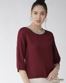 Shop Women's Burgundy Solid Top With Embellished Detail-Front