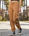 Shop Women's Camel Brown Graphic Printed Super Loose Fit Brushed Cargo Joggers-Front