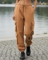 Shop Women's Camel Brown Graphic Printed Super Loose Fit Brushed Cargo Joggers-Front