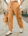 Shop Women's Camel Brown Super Loose Fit Brushed Cargo Joggers-Front