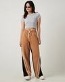 Shop Women's Camel Brown & Black Color Block Wide Leg Track Pants-Full