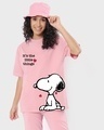 Shop Women's Cheeky Pink Snoopy Little Things Graphic Printed Oversized T-shirt-Front