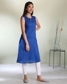 Shop Women's Cotton Swiss Dot Dobby Sleeveless Classic Blue Kurta with Belt Tie Up-Design