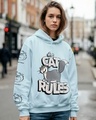 Shop Women's Cyan The Cat Rules Graphic Printed Oversized Hoodies-Front