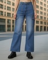 Shop Women's Dark Blue Washed Wide Leg Cargo Jeans-Front