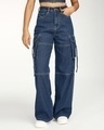 Shop Women's Dark Blue Wide Leg Cargo Jeans-Front