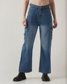 Shop Women's Dark Blue Washed Wide Leg Cargo Jeans-Front