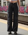 Shop Women's Dark Grey Wide Leg Cargo Jeans-Front