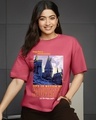 Shop Women's Deep Sea Coral Pink Life At Hogwarts Graphic Printed Oversized T-shirt-Front