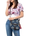 Shop Women's Ethnic Leatherette/Cotton Blue Stamp Tassle Sling Bag