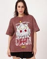 Shop Women's Brick Red Cat Clown Graphic Printed Oversized Acid Wash T-shirt-Front