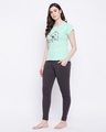 Shop Women's Green & Black Cute Kitty Quote Graphic Printed Cotton T-shirt & Joggers Set-Full