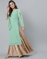 Shop Women's Green Gold Foil Printed Kurta with Open Flared Sleeve and Potli bag-Full