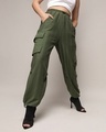 Shop Women's Green Striped Loose Comfort Fit Cargo Parachute Pants-Front