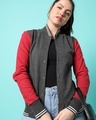 Shop Women's Grey & Red Color Block Varsity Jacket