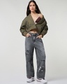 Shop Women's Grey Distressed Washed Straight Fit Jeans-Full