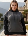 Shop Women's Grey  & Black Graphic Printed Oversized Plus Size Hoodies-Front