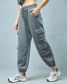 Shop Women's Grey Super Loose Fit Brushed Cargo Joggers-Front