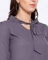 Shop Women's Grey Tie Up Neck Flared Sleeves Crepe Regular Top