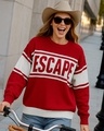 Shop Women's Hot Red & Off White Typography Oversized Sweater-Front