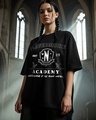 Shop Women's Jet Black Nevermore Academy Graphic Printed Oversized T-shirt-Front