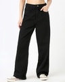 Shop Women's Jet Black Washed Baggy Straight Fit Jeans-Front