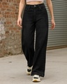 Shop Women's Jet Black Washed Baggy Straight Fit Jeans-Front