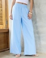 Shop Women's Light Blue Flared Cotton Linen Pants-Front