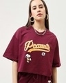 Shop Women's Maroon Peanuts Graphic Printed Oversized Short Top-Front