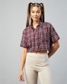 Shop Women's Maroon & White Checked Boxy Fit Crop Shirt-Front