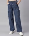 Shop Women's Mid Blue Straight Fit Cargo Jeans-Front