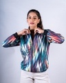 Shop Women's Blue Abstract Printed Velvet Bomber Jacket-Front