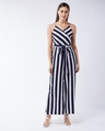 Shop Women's Navy Blue and White Striped Belted Jumpsuit-Front