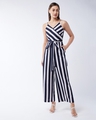 Shop Women's Navy Blue and White Striped Belted Jumpsuit-Full