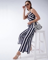 Shop Women's Navy Blue and White Striped Belted Jumpsuit