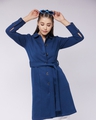 Shop Women's Navy Blue Belted Long Jacket