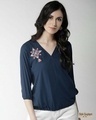 Shop Women's Navy Blue Embroidered Detail Wrap Top-Front