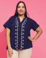 Shop Women's Navy Blue Embroidered Relaxed Fit Plus Size Shirt-Front