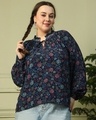 Shop Women's Navy Blue Floral Printed Plus Size Top-Front