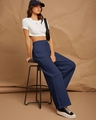 Shop Women's Navy Blue Oversized Pleated Wide Leg Korean Pants-Full
