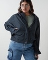 Shop Women's Navy Blue Oversized Plus Size Hooded Windcheater Jacket-Front