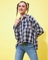 Shop Women's Navy Blue & Pink Checked Loose Fit Shirt-Front