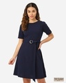 Shop Women's Navy Blue Solid Fit And Flare Dress-Front