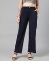 Shop Women's Navy Blue Straight Fit Trousers-Front