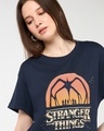 Shop Women's Navy Blue Stranger Things Logo Splatter Graphic Printed Boyfriend T-shirt