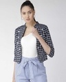 Shop Women's Navy Blue & White Checked Crop Tailored Jacket-Front