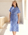 Shop Women's Nebulas Blue & White All Over Printed Relaxed Fit Shirt Dress-Front