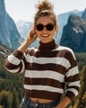 Shop Women's Off White & Brown Striped Oversized Crop Sweater-Front