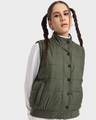 Shop Women's Olive Sleeveless Puffer Jacket-Front